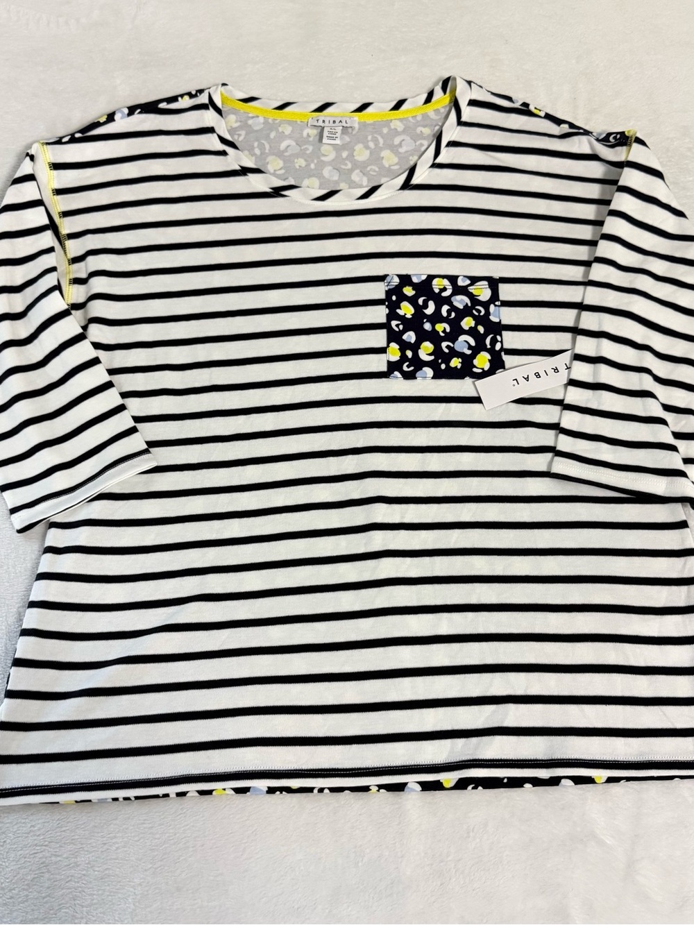Tribal Womens Large Top NWT Black White Stripe Leopard Pocket 3/4 Sleeve Cotton